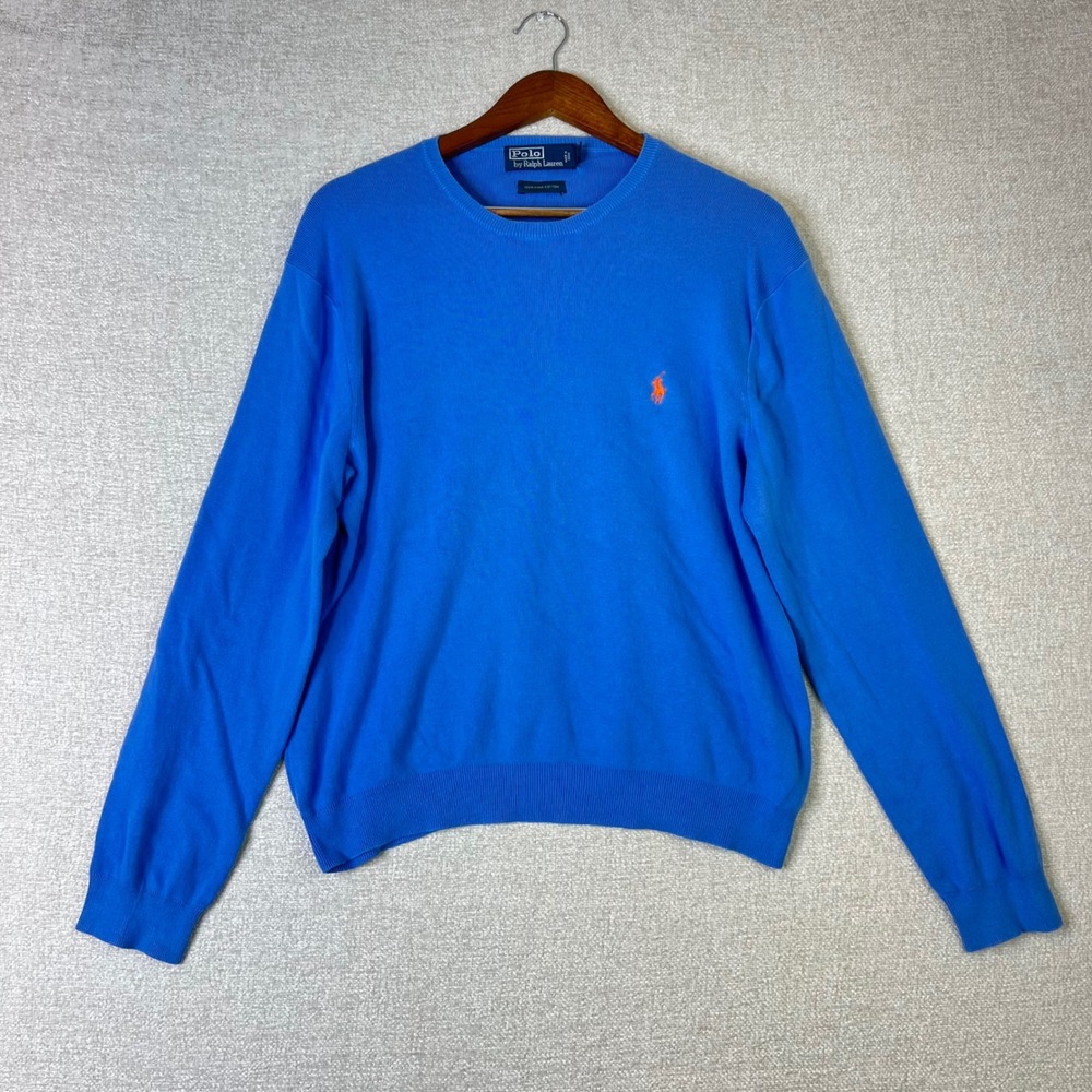 Polo Ralph Lauren Mens Large Blue 100% Pima Cotton Crew Neck Sweater Orange Pony